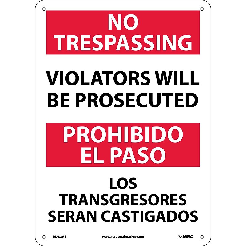 Notice Signs; No Trespassing Violators Will Be Prosecuted, Bilingual, 14X10, .040 Aluminum image 1