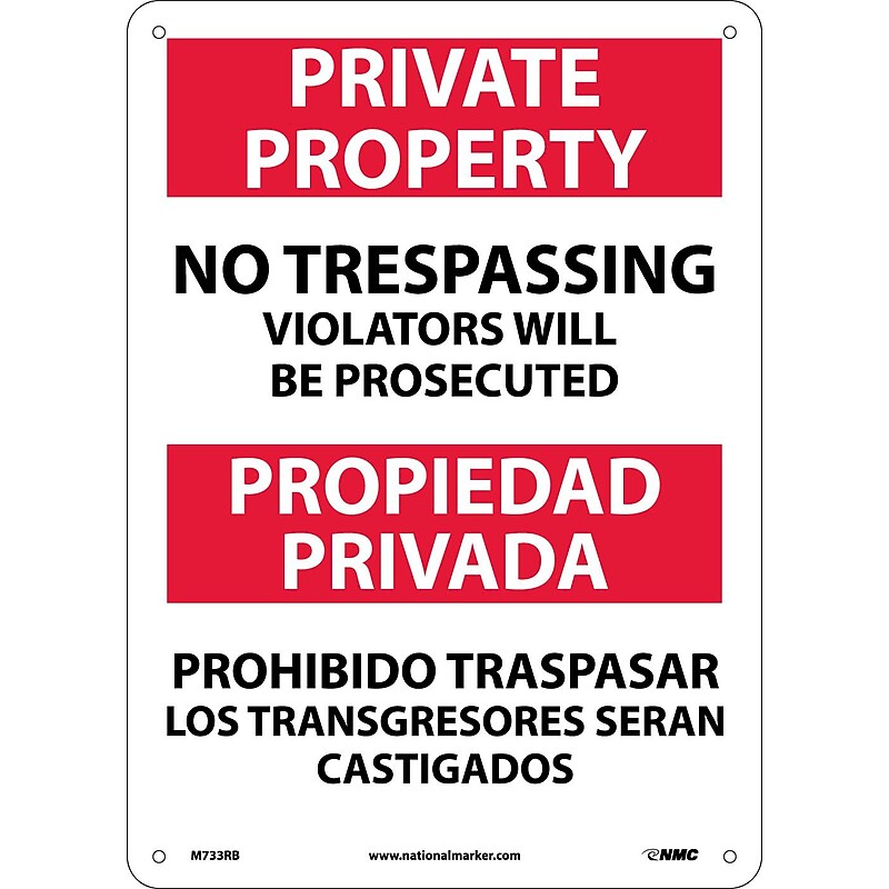 Private Property No Trespassing Violators Will Be Prosecuted, Bilingual, 14X10, Rigid Plastic image 1