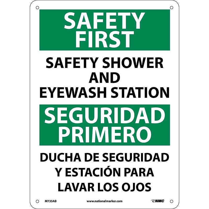 Notice Signs; Safety First Safety Shower And Eyewash Station, Bilingual, 14X10, .040 Aluminum image 1