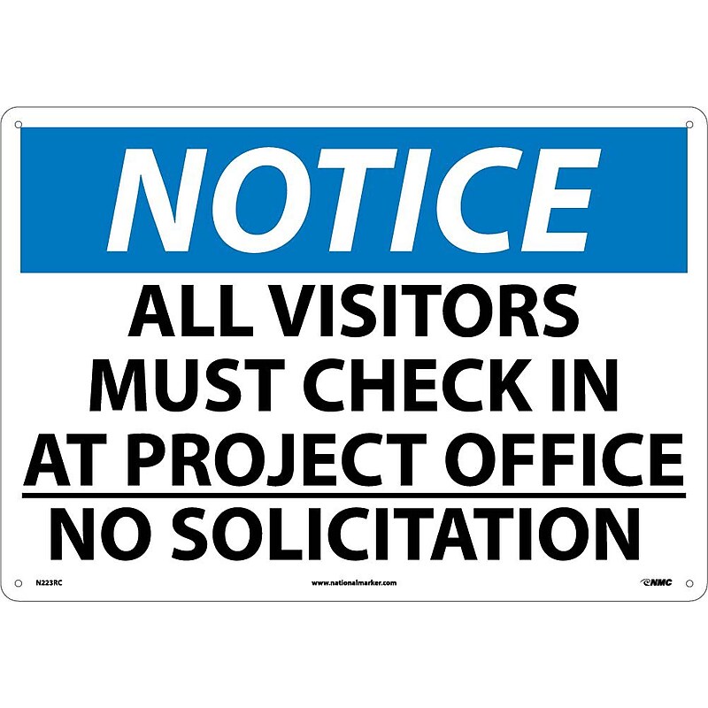 Notice Signs; All Visitor Must Check In At Project Office No Solicitation, 14X20, Rigid Plastic image 1