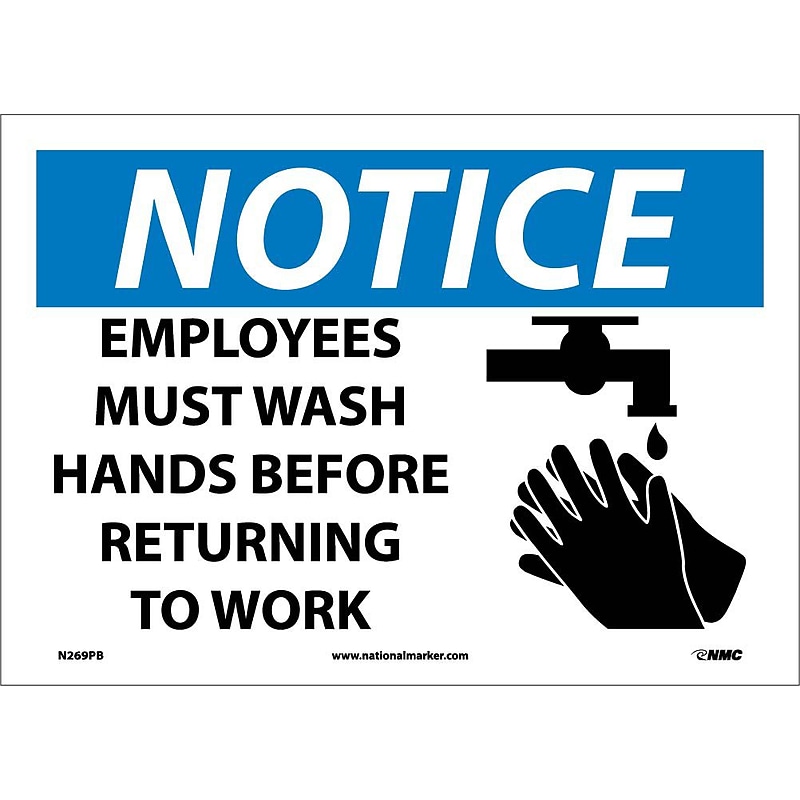 Notice Labels; Employees Must Wash Hands Before Returning To Work, Graphic, 10" x 14", Adhesive Vinyl image 1