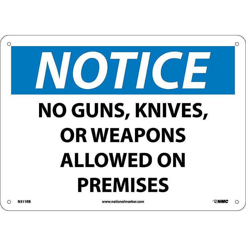 Notice Signs; No Guns, Knives Or Weapons Allowed On Premises, 10X14, Rigid Plastic image 1