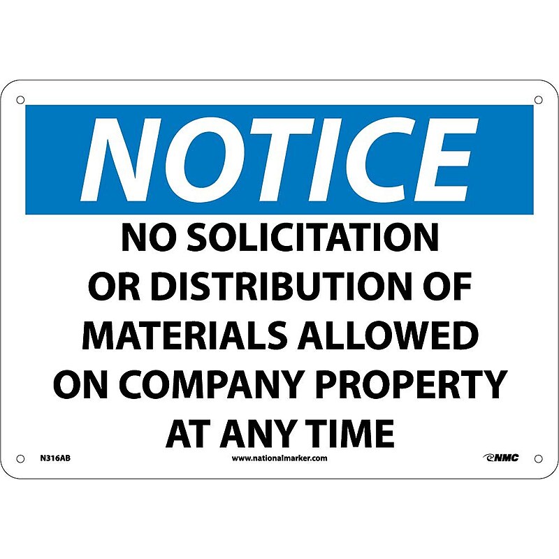 Notice, No Solicitation Or Distribution Of Materials Allowed On Company Property At Any Time (N316AB) image 1