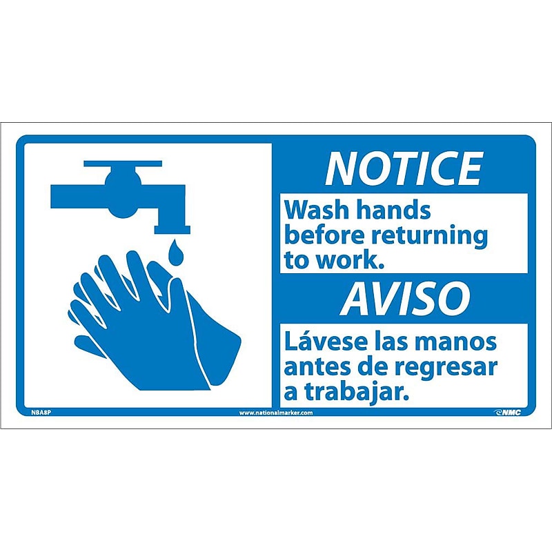 Notice Labels; Wash Hands Before Returning To Work (Bilingual W/Graphic), 10X18, Adhesive Vinyl image 1