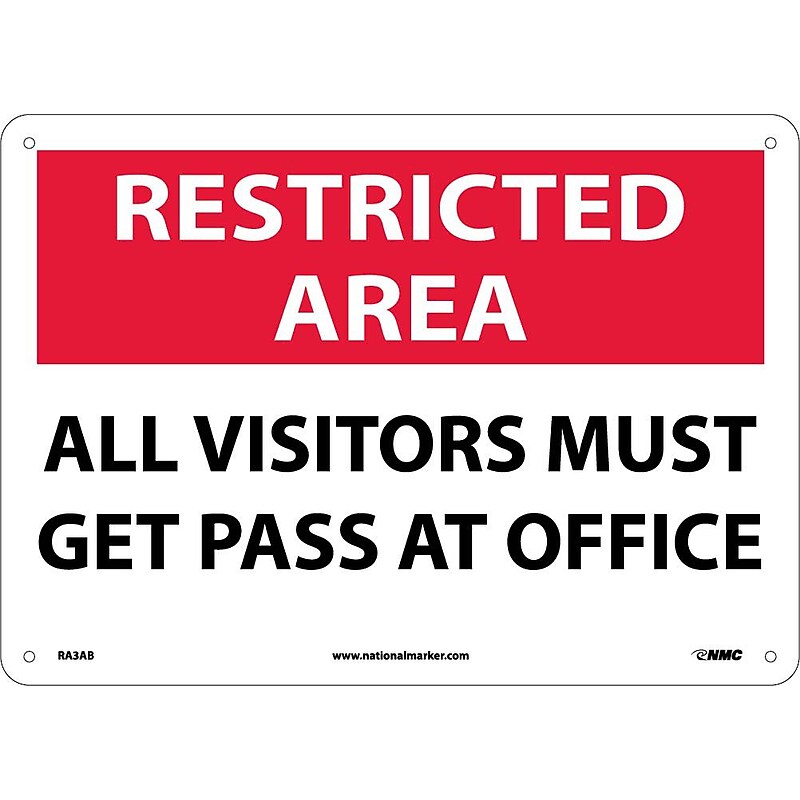 Notice Signs; Restricted Area, All Visitors Must Get Pass At Office, 10X14, .040 Aluminum image 1