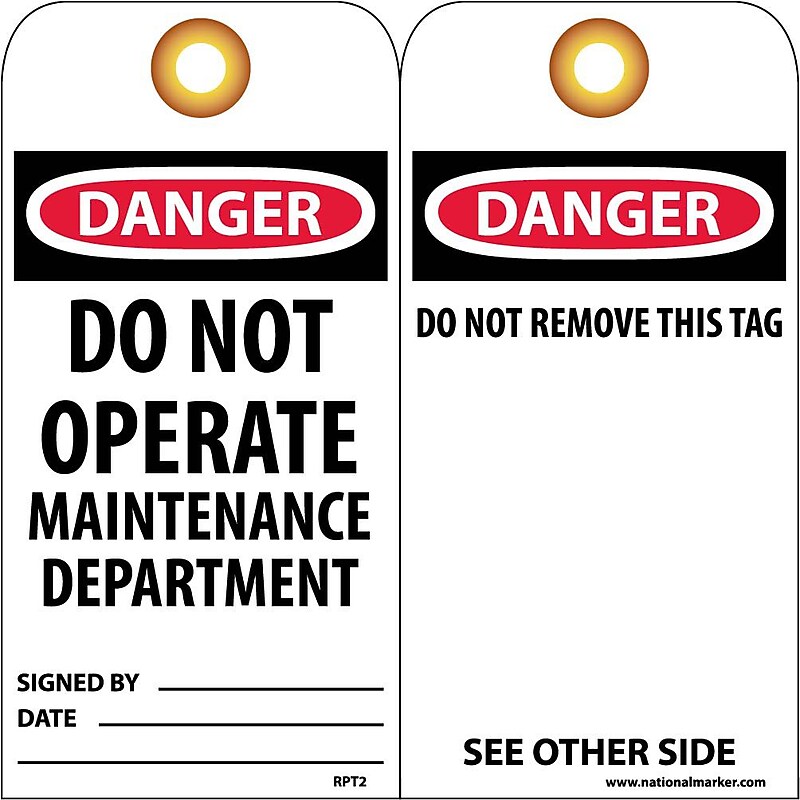 Accident Prevention Tags; Danger Do Not Operate Maintenance Dept., 6X3, Unrip Vinyl, 25/Pk W/Grommet image 1