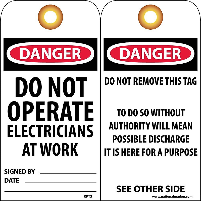 Accident Prevention Tags; Danger Do Not Operate Electricians, 6X3, Unrip Vinyl, 25/Pk W/ Grommet image 1