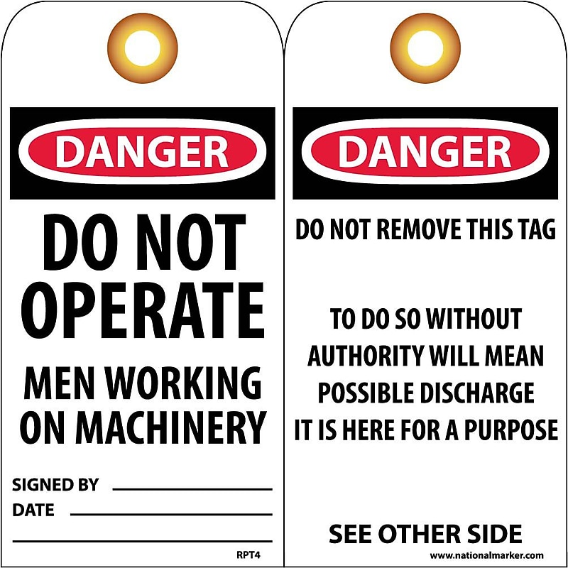 Accident Prevention Tags; Danger Do Not Operate Men Working. . ., 6X3, Unrip Vinyl, 25/Pk W/ Grommet image 1