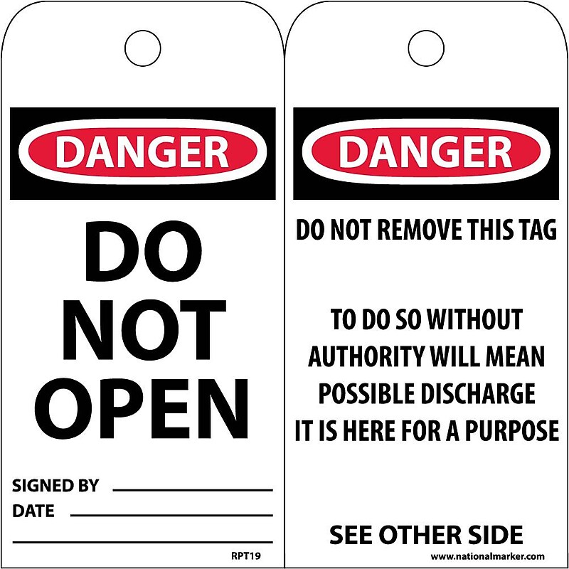 Accident Prevention Tags; Danger Do Not Open, 6X3, Unrip Vinyl, 25/Pk image 1
