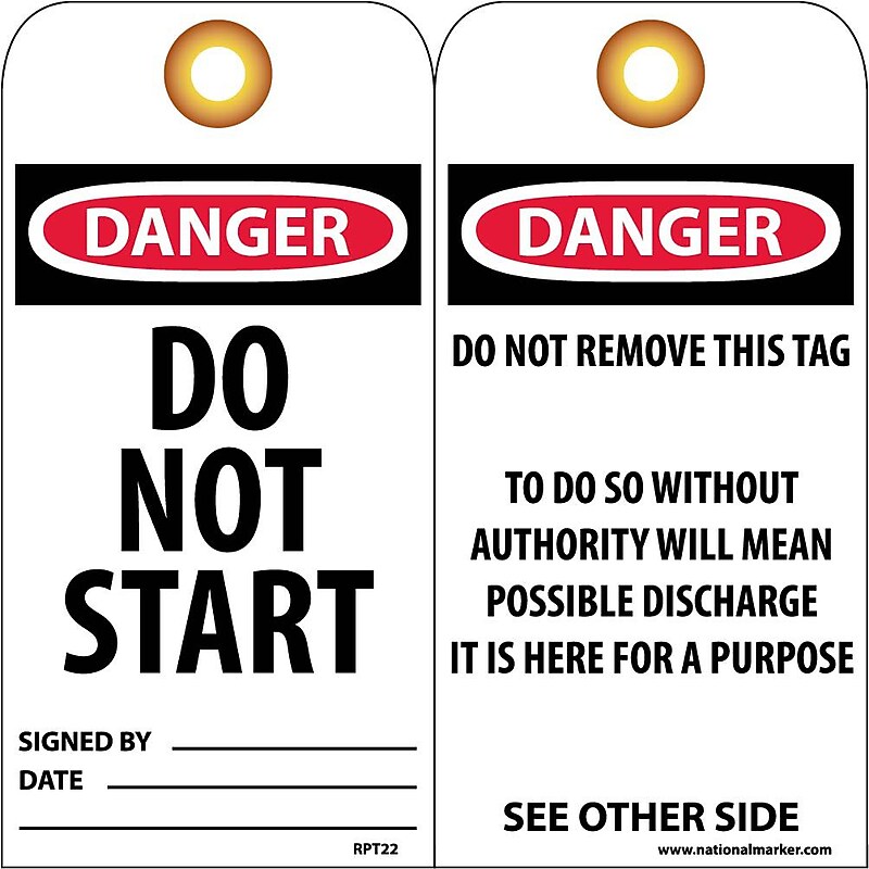 Accident Prevention Tags; Danger Do Not Start, 6X3, Unrip Vinyl, 25/Pk W/ Grommet image 1