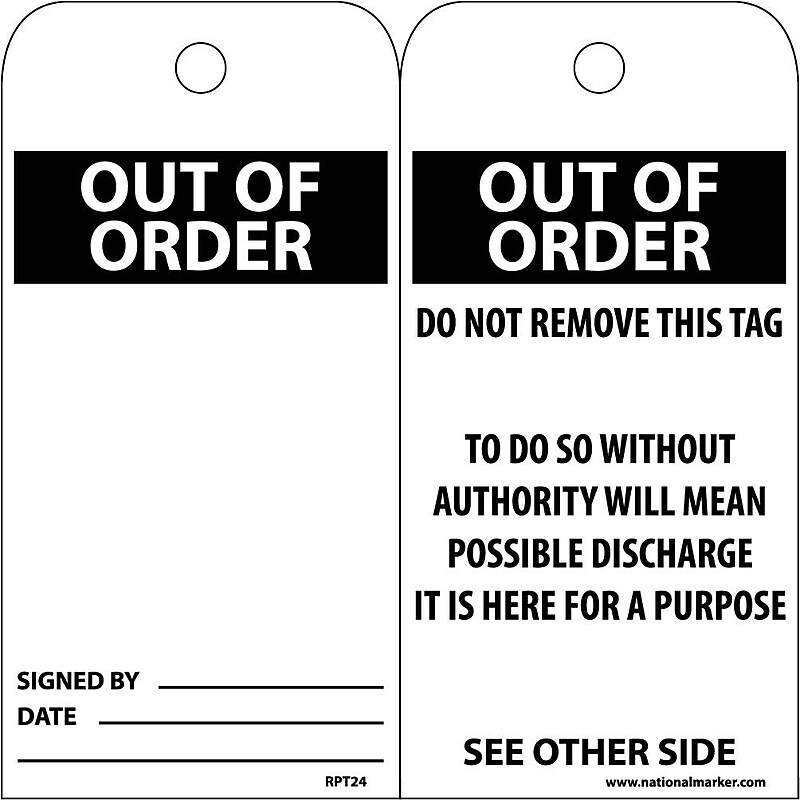 Accident Prevention Tags; Out Of Order, 6X3, Unrip Vinyl, 25/Pk image 1