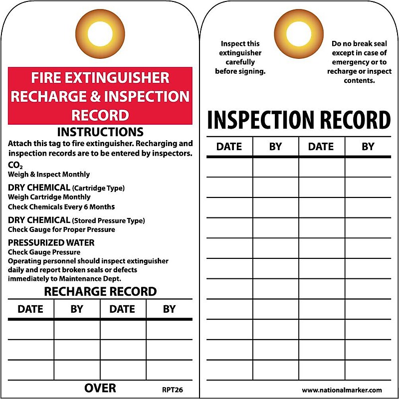 Accident Prevention Tags; Fire Extinguisher Recharge And Inspect, 6" x 3", Unrip Vinyl W/Grommet, 25/Pack image 1