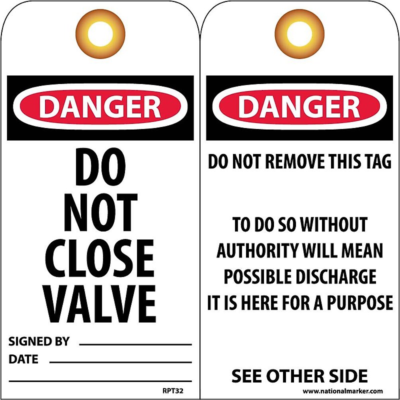Accident Prevention Tags; Danger Do Not Close Valve, 6X3, Unrip Vinyl, 25/Pk W/ Grommet image 1