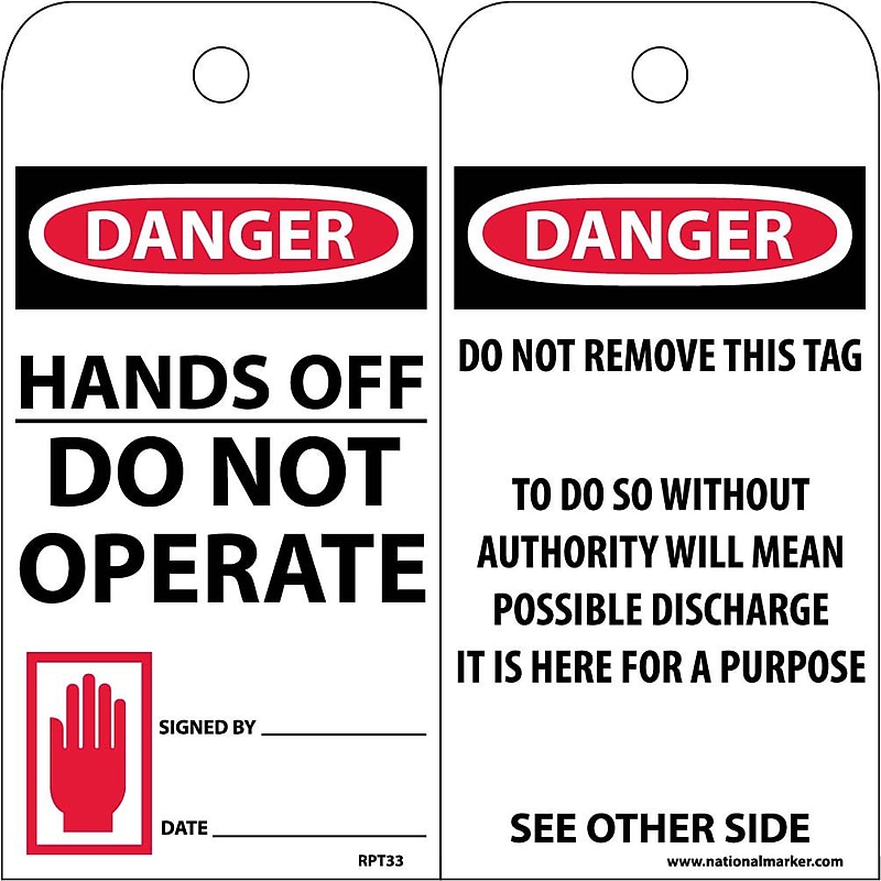 Accident Prevention Tags; Danger Hands Off Do Not Operate, 6X3, Unrip Vinyl, 25/Pk image 1
