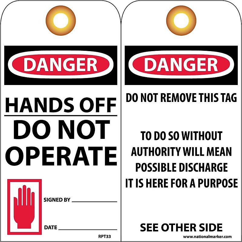 Accident Prevention Tags; Danger Hands Off Do Not Operate, 6X3, Unrip Vinyl, 25/Pk W/ Grommet image 1