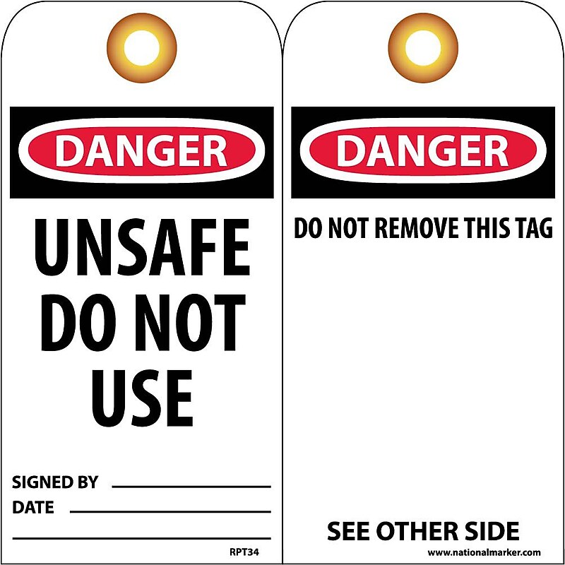 Accident Prevention Tags; Dnager Unsafe Do Not Use, 6X3, Unrip Vinyl, 25/Pk W/ Grommet image 1