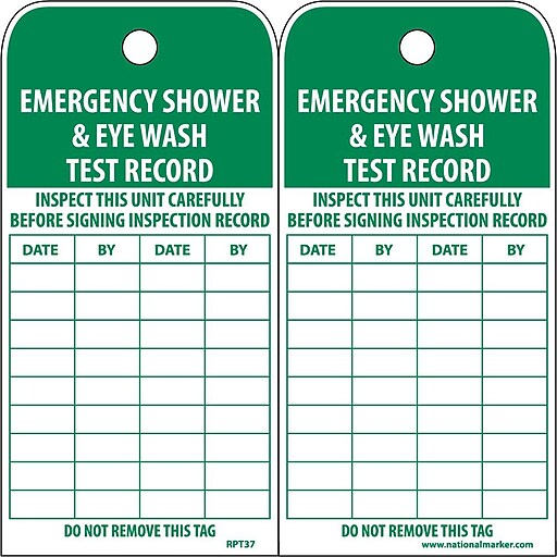 6 x 3 National Marker RPT37 Accident Prevention Tag Emergency Shower and Eye Wash Test Record Pack of 25 Unrip Vinyl 