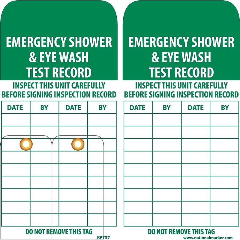 Accident Prevention Tags; Emergency Shower And Eye Wash Test Record, 6" x 3",Unrip Vinyl,25/Pack W/Grommet image 1