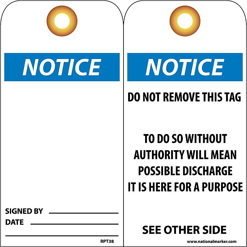 Accident Prevention Tags; Notice, 6X3, Unrip Vinyl, 25/Pk W/ Grommet image 1