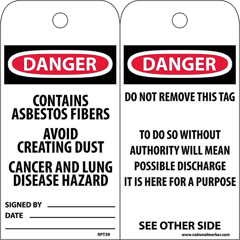Accident Prevention Tags; Danger Contains Asbestos Fiber. . ., 6X3, Unrip Vinyl, 25/Pk image 1