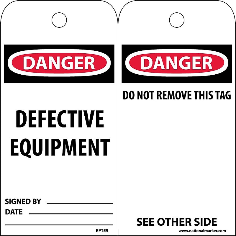Accident Prevention Tags; Danger Defective Equipment, 6" x 3", Unrip Vinyl, 25/Pack image 1