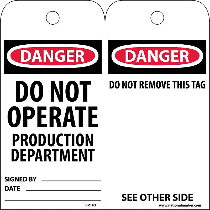 Accident Prevention Tags; Danger Do Not Operate Production Dept., 6X3, Unrip Vinyl, 25/Pk image 1