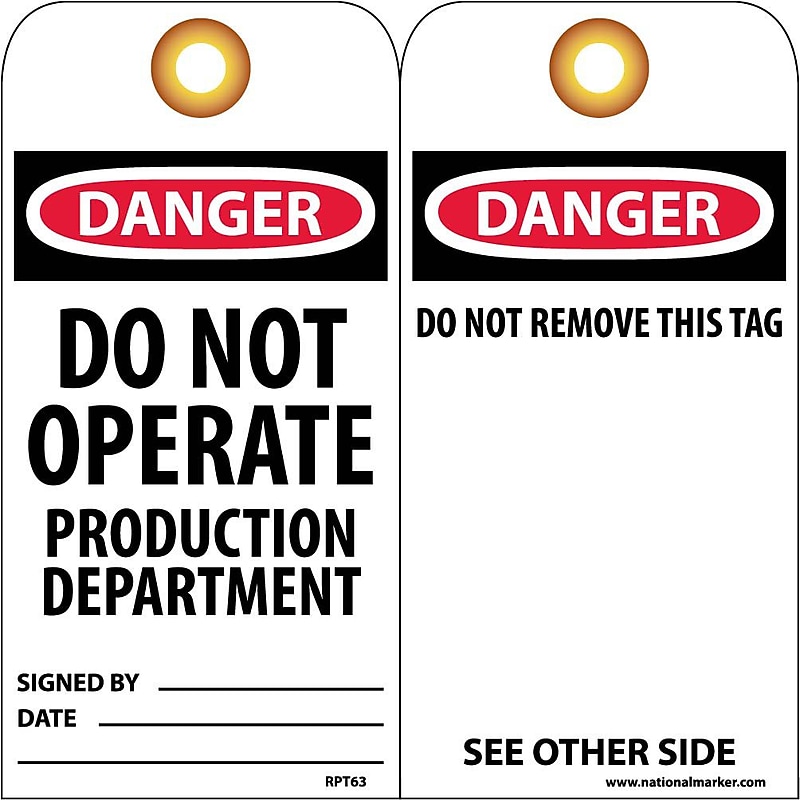 Accident Prevention Tags; Danger Do Not Operate Production Dept., 6X3, Unrip Vinyl, 25/Pk W/ Grommet image 1