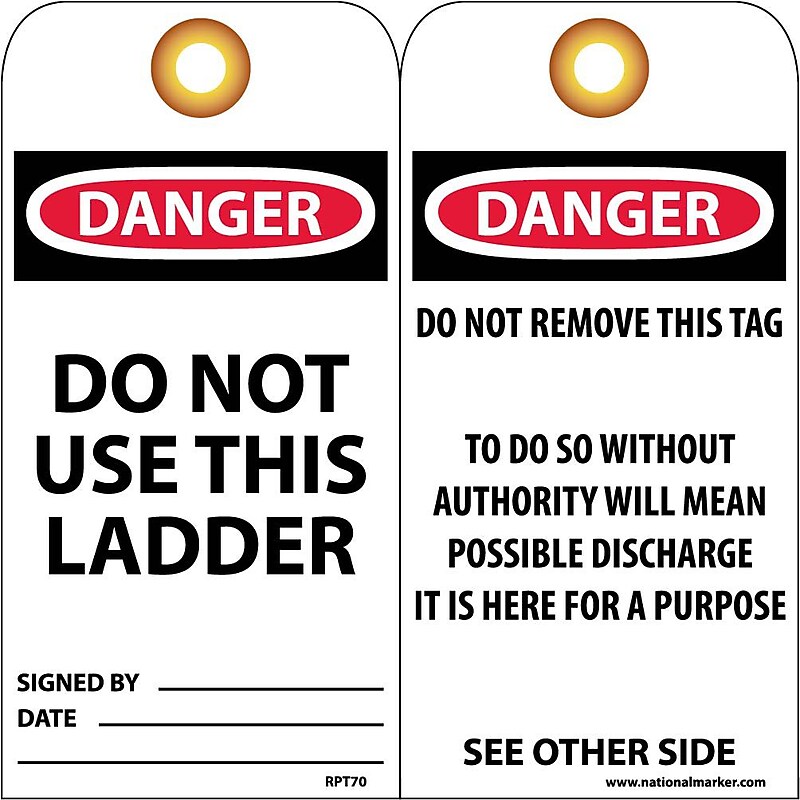Accident Prevention Tags; Danger Do Not Use This Ladder, 6X3, Unrip Vinyl, 25/Pk W/ Grommet image 1