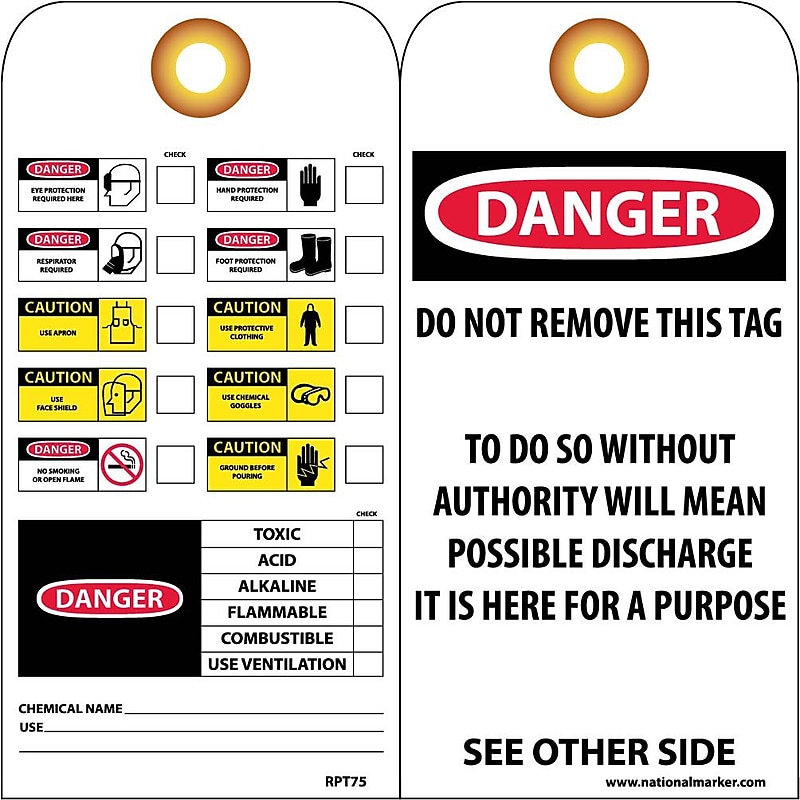 Accident Prevention Tags; Chemical Id, 6X3, Unrip Vinyl, 25/Pk W/ Grommet image 1