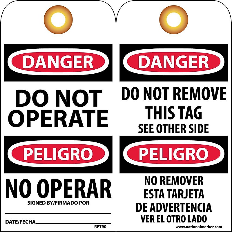Accident Prevention Tags; Danger Do Not Operate (Bilingual), 6X3, Unrip Vinyl, 25/Pk W/ Grommet image 1