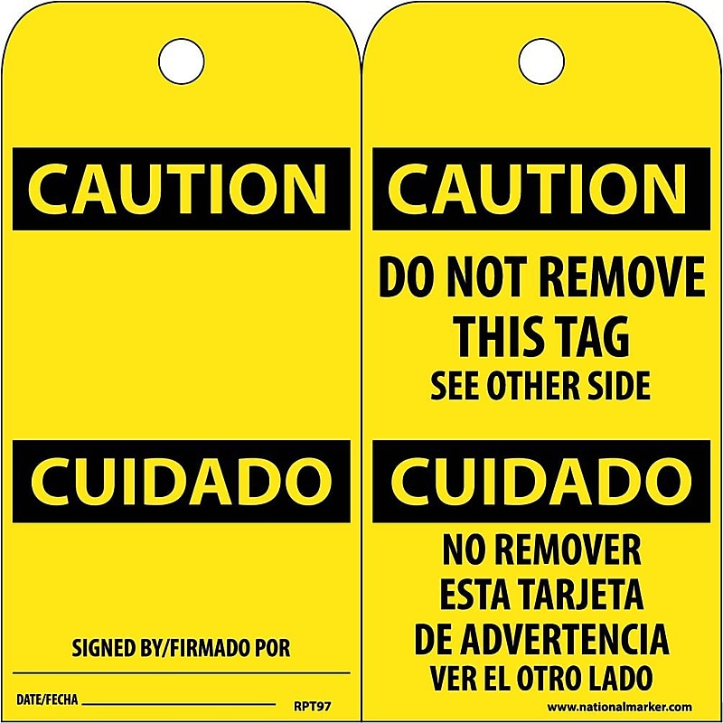Accident Prevention Tags; Caution Cuidado (Bilingual), 6X3, Unrip Vinyl, 25/Pk image 1
