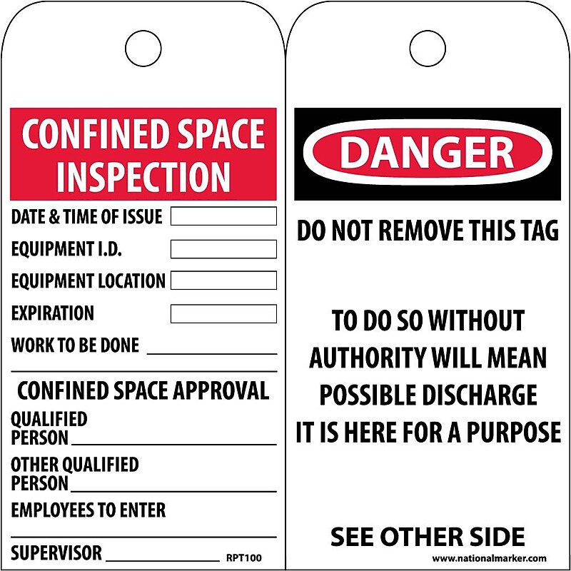 Accident Prevention Tags; Confined Space Entry Permit, 6X3, Unrip Vinyl, 25/Pk image 1