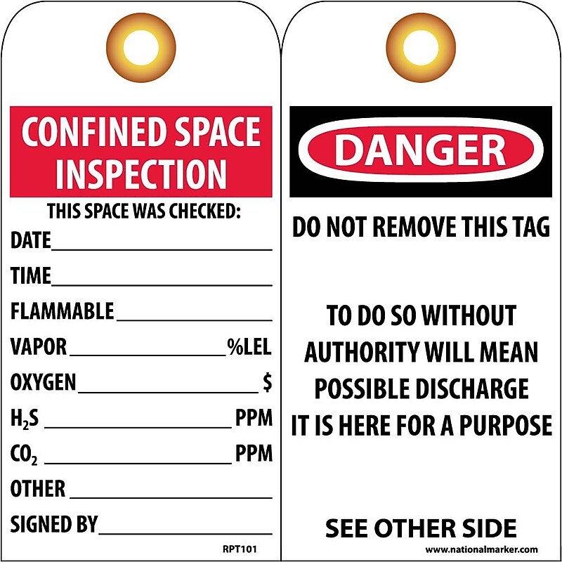 Accident Prevention Tags; Confined Space Inspection, 6X3, Unrip Vinyl, 25/Pk W/ Grommet image 1