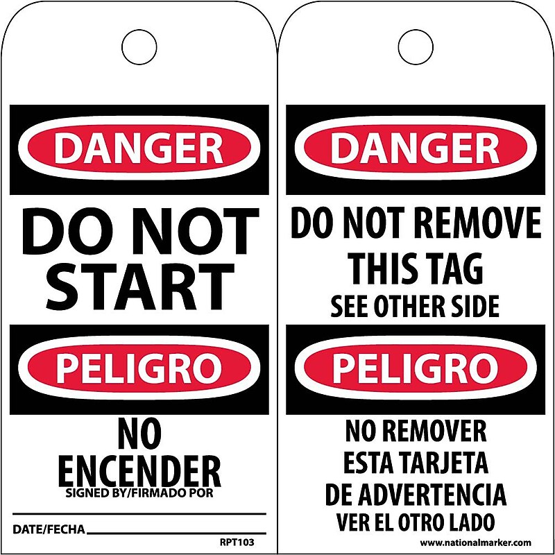 Accident Prevention Tags; Do Not Start (Bilingual), 6X3, Unrip Vinyl, 25/Pk image 1