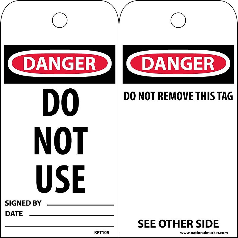 National Marker Accident Prevention Tags "Do Not Use," 6" x 3", 25 Tags/Pack, 1/Pack (RPT105) image 1