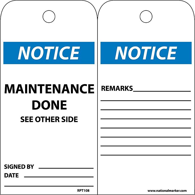 Accident Prevention Tags; Notice Maintenance Done, 6X3, Unrip Vinyl, 25/Pk image 1