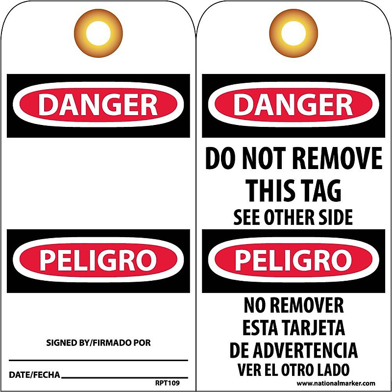 Accident Prevention Tags; Danger Do Not Remove (Bilingual), 6X3, Unrip Vinyl, 25/Pk W/ Grommet image 1