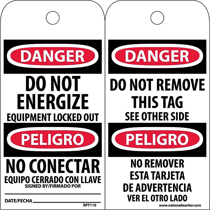 Accident Prevention Tags; Danger Do Not Energize (Bilingual), 6X3, Unrip Vinyl, 25/Pk image 1