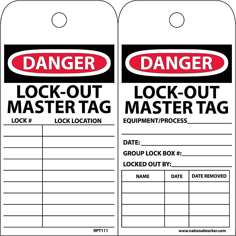 Accident Prevention Tags; Danger Lockout Master Tag, 6X3, Unrip Vinyl, 25/Pk image 1
