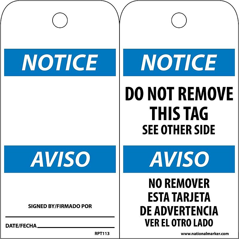 Accident Prevention Tags, Notice Do Not Remove This Tag (Bilingual), 6X3, Unrip Vinyl, 25/Pk image 1