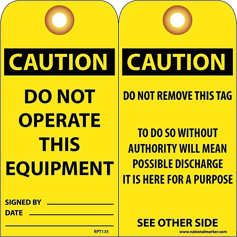Accident Prevention Tags; Do Not Operate This Equipment, 6X3, .015 Mil Unrip Vinyl, 25 Pk W/ Grommet image 1