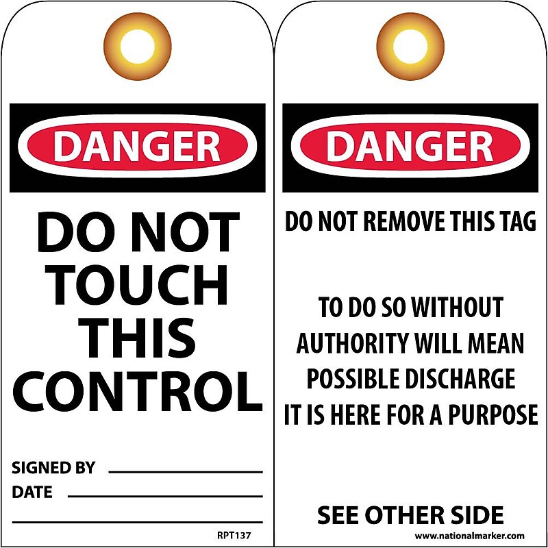 Accident Prevention Tags; Do Not Touch This Control, 6X3, .015 Mil Unrip Vinyl, 25 Pk W/ Grommet image 1