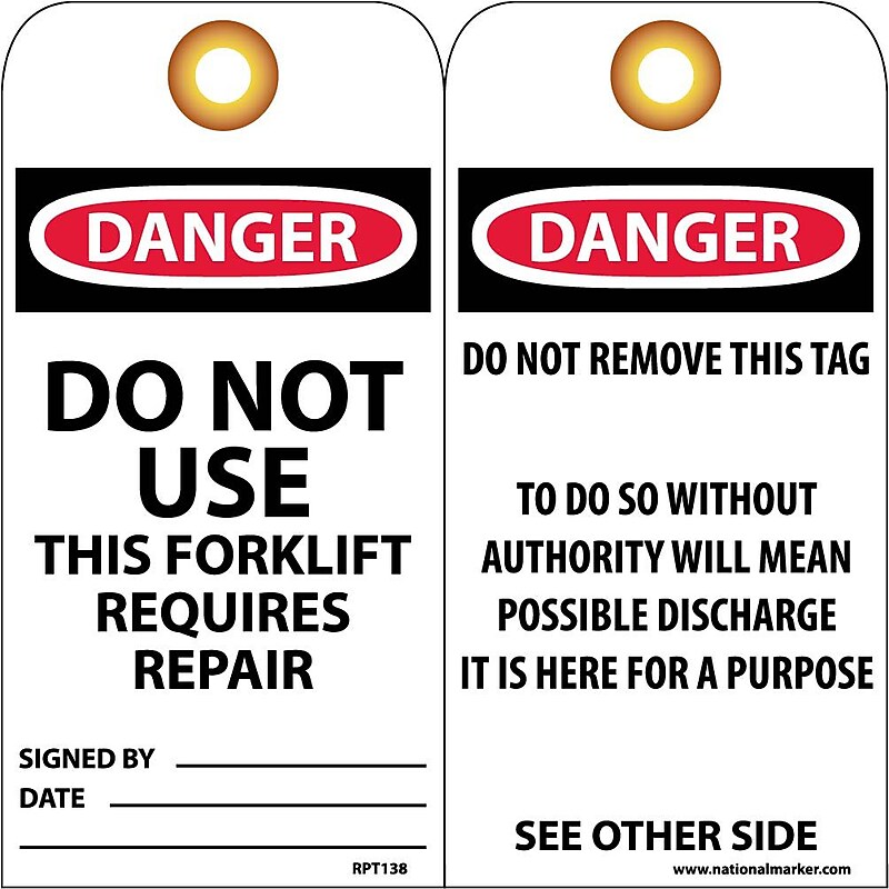 National Market Accident Prevention Tags "Do Not Use This Forklift Requires Repair," 6" x 3", 25 Tags/Pack, 1/Pack (RPT138G) image 1