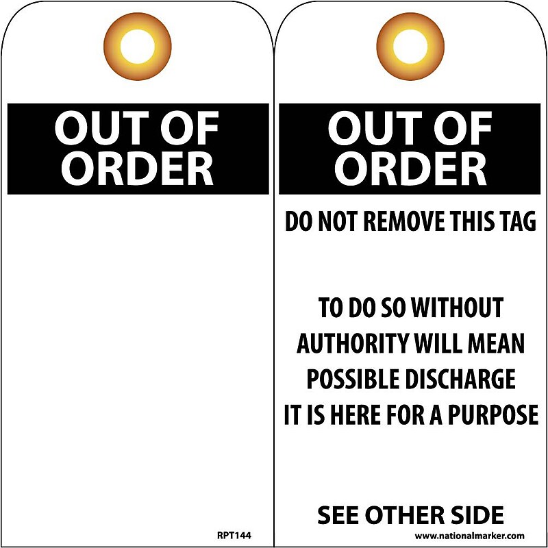 Accident Prevention Tags; Out Of Order, Blank, 6X3, .015 Mil Unrip Vinyl, 25 Pk W/ Grommet image 1