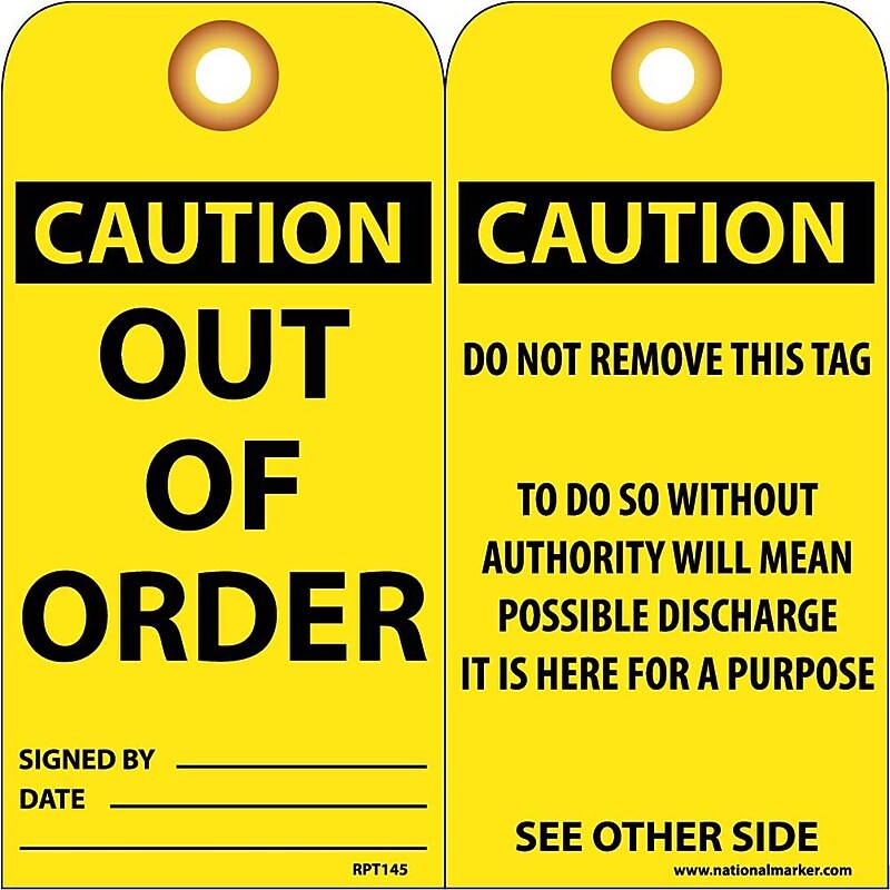 Accident Prevention Tags; Out Of Order, 6" x 3", .015 Mil Unrip Vinyl, 25 Pk W/ Grommet image 1