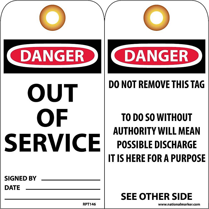 Accident Prevention Tags; Out Of Service, 6X3, .015 Mil Unrip Vinyl, 25 Pk W/ Grommet image 1