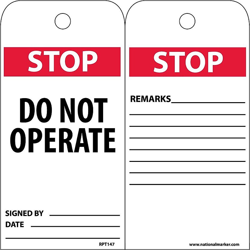 Accident Prevention Tags; Stop Do Not Operate, 6X3, .015 Mil Unrip Vinyl 25 Pk image 1