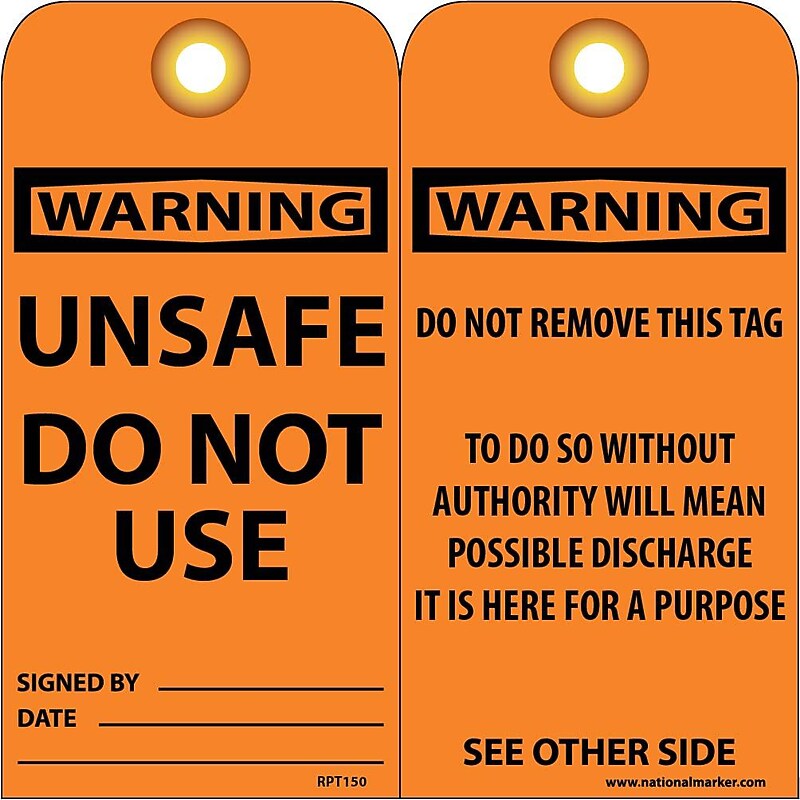 Accident Prevention Tags Unsafe Do Not Use 6X3 .015 Mil Unrip Vinyl 25 Pk W/ Grommet image 1