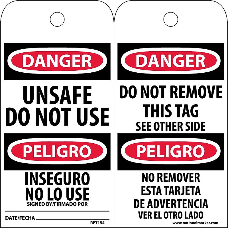 Accident Prevention Tags; Unsafe Do Not Use Bilingual, 6X3, .015 Mil Unrip Vinyl, 25 Pk image 1