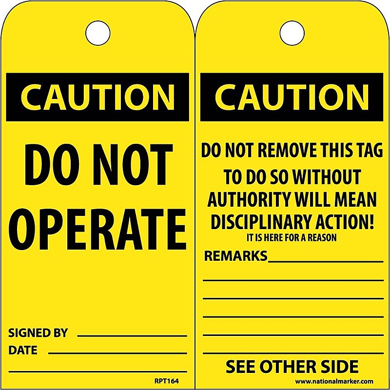 Accident Prevention Tags, Caution, Do Not Operate,  6X3, Unrip Vinyl, 25/Pk image 1